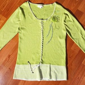 Vintage Lime Green/Neon Green/Big Flower 3/4 Sleeve Top/Blouse/Sweater Size XL